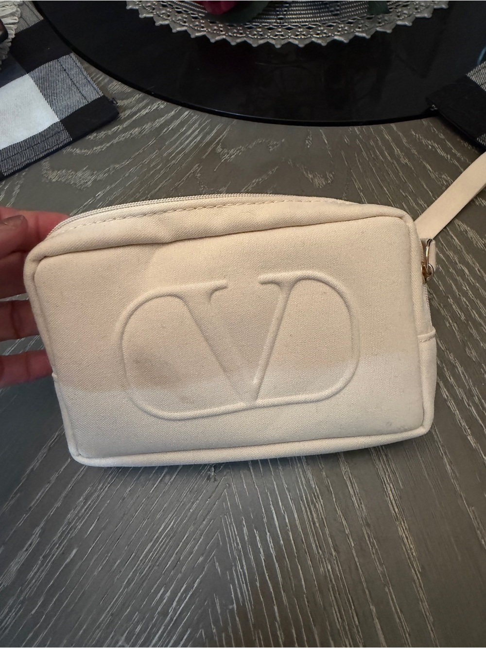 Valentino Cream Embossed V Logo Cosmetic Pouch